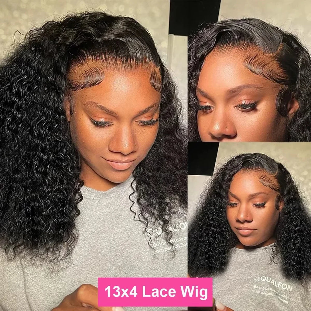 14 16 Inch Curly Deep Wave 13x4 Lace Frontal Wigs Short Bob Wig Brazilian Remy 100% Human Hair 4x4 Transparent Lace Front Wig