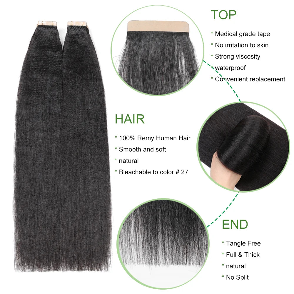 ShowCoco Light Yaki Straight Tape In Human Hair Extensions For Black Women 100% Remy Hair Nautral Color Invisible Tape