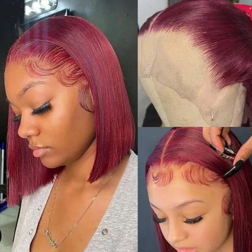 99J Burgundy Straight Short Bob Wig 13x4 Lace Front Wigs Red Colored HD Lace Frontal Wig Brazilian Remy 100% Human Hair 14 Inch