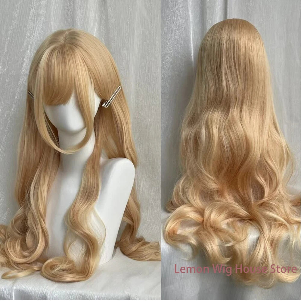 Long Wavy Blonde Synthetic Wig with Bangs Natural Long Curly Hair Lolita Wig for Women Daily Cosplay Halloween Harajuku Wigs