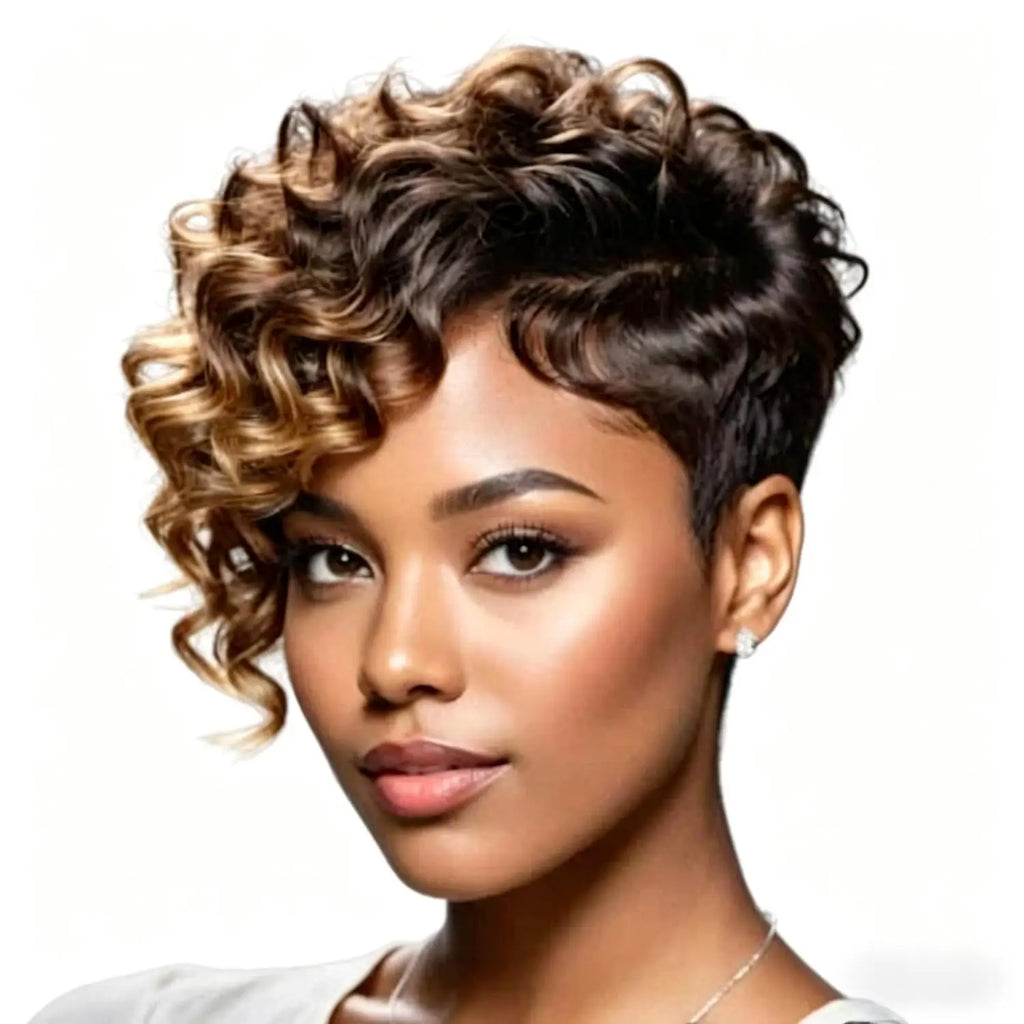 Short Pixie Cut Wig Human Hair Wigs for Women Human Hair with Side Bangs Curly Layered Brazilian Virgin Pixie Wigs