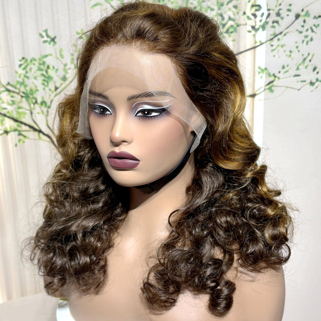 13x4 Lace Front Highlight Bouncy Curly Human Hair Wigs 300% Density 14-22in Colored Loose Wave Brazilian Remy Hair Wig for Women