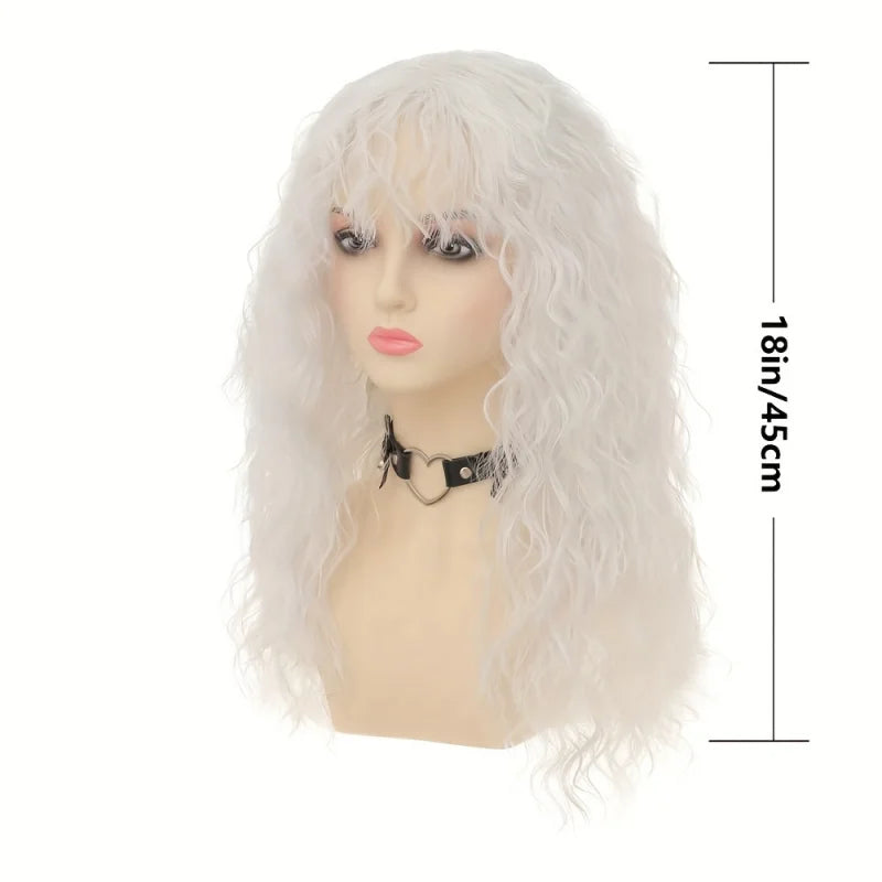 Black Curly Wigs With Bangs For Women Long Curly Wavy Wig Synthetic Layered 80s Rocker Wig Long Soft Curly Wavy Hair