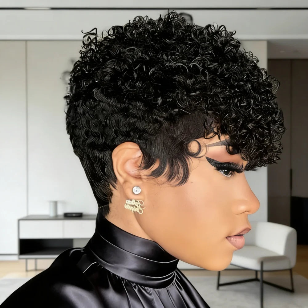 Short Human Hair Wig | Curly Human Hair Pixie Cut Wig with Bangs, full machine made, 150% Density, Afro Curly/Kinky