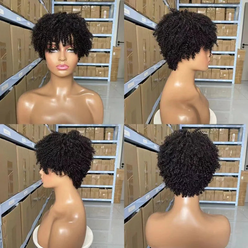 Human Hair Afro Kinky Curly Wig 8inches 180% Density 125g Natural Color Soft Silky Natural Hairline Easy Styling for Women