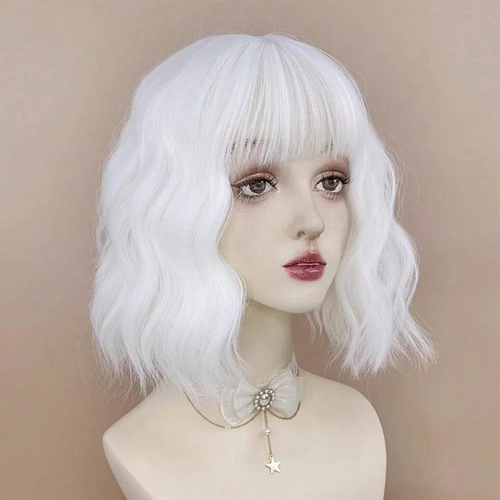 Synthetic Short Curly White Bob Wig with Bangs for Women Daily Cosplay Lolita Party Fake Hair Heat Resistant