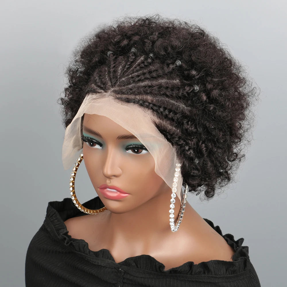 13X4 Afro Kinky Curly Wave Bob Lace Front Braided Wig Brazilian Remy Human Hair Lace Natural Hairline Human Hair Wig