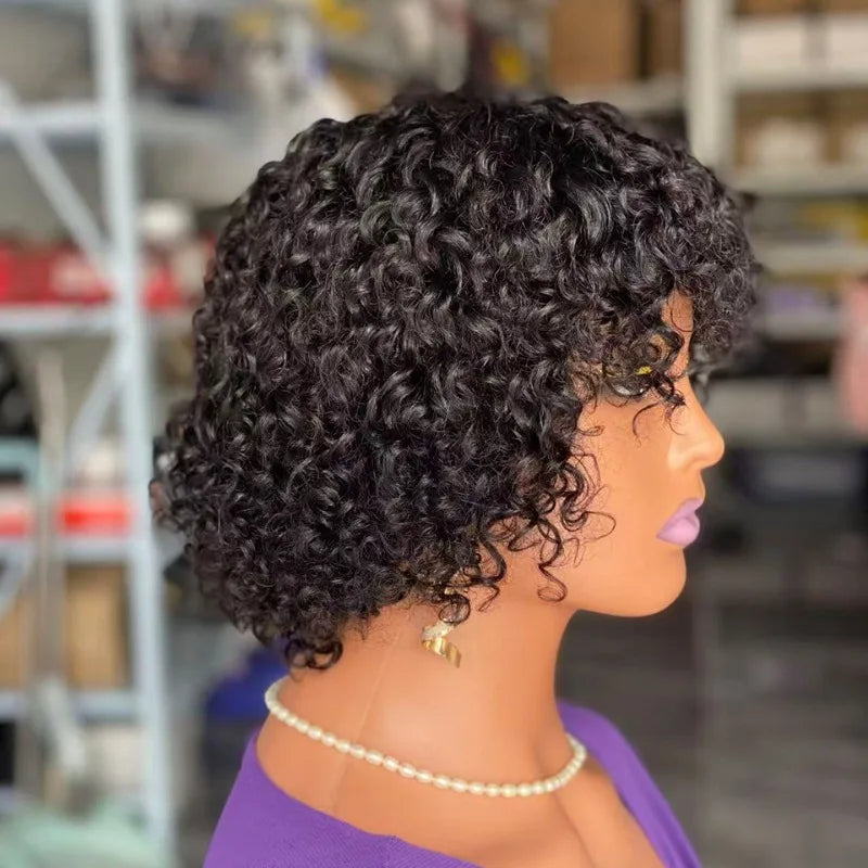 12A Human Hair Short Pixie Curly Fringe Wigs for Women 6inches Natural Color Full Machine Wigs Remy Hair with Bangs