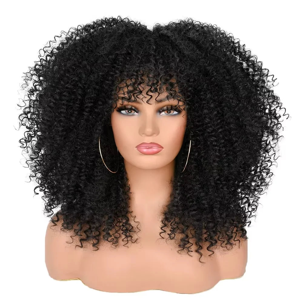 16 Inch Black Brown Natural Looking Synthetic Hair Afro Curly Wig for Black Women Kinky Curly Wig with Bang Short Curly Bob Hair