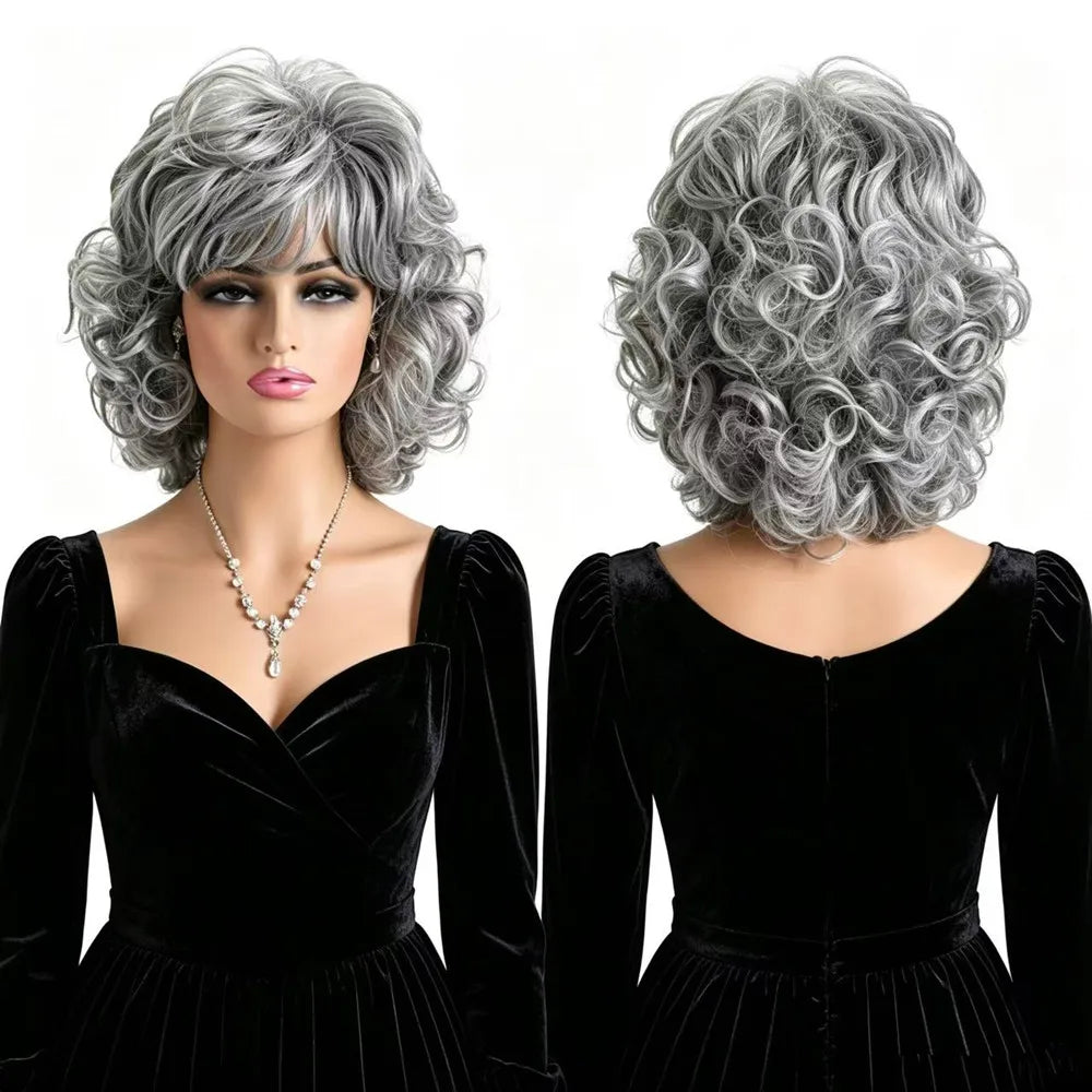 Gray Short Curly Wigs for Women Synthetic Heat Resistant Hair Wig with Bangs Old Lady Wig for Daily Party Cosplay Halloween Hair