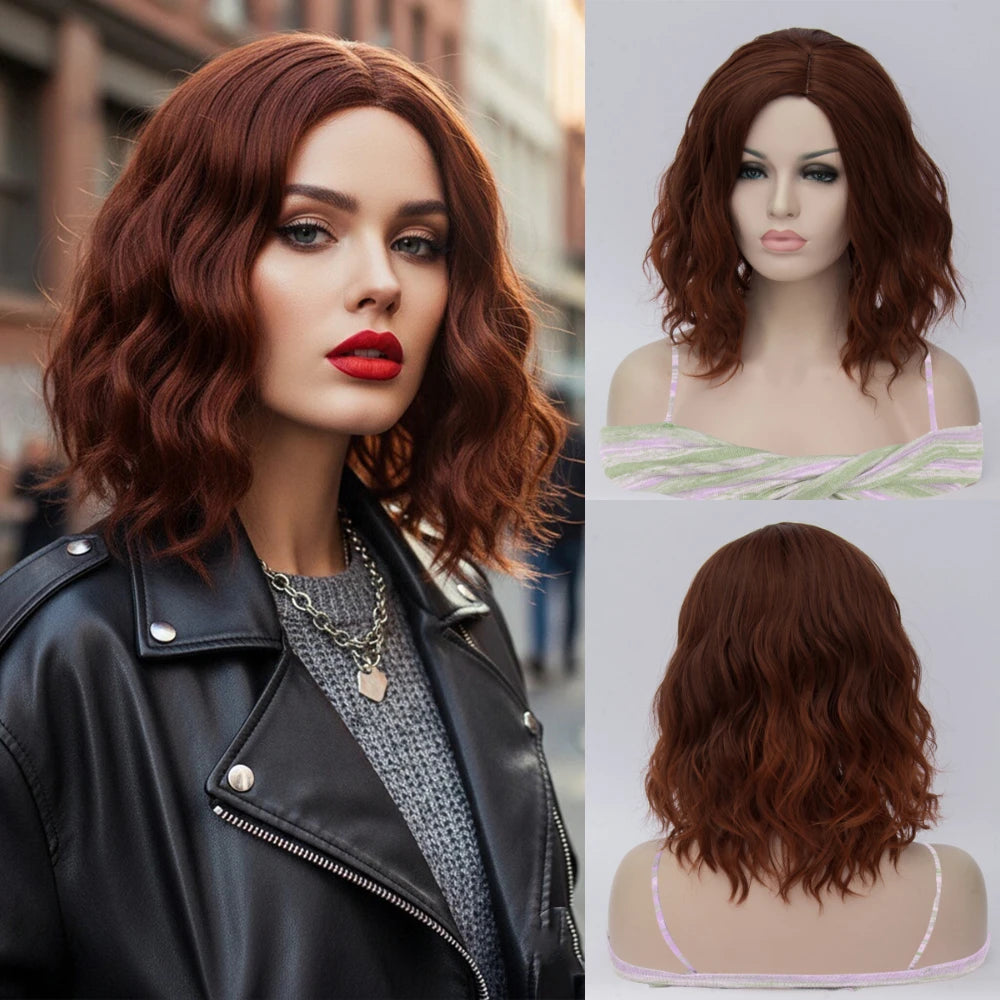 Women’s Short Wavy Brown Bob Wig with Side Line Part Heat Resistant Synthetic Great for Halloween Cosplay Themed Gatherings