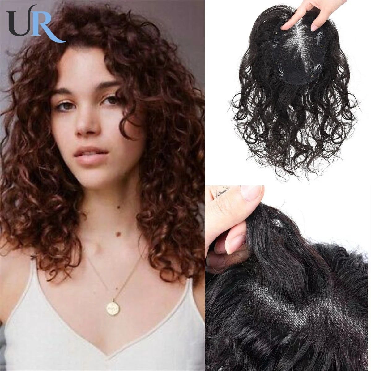 Women Curly Hair Toppers Breathable Human Hair Wigs Hand Made Swiss Net Natural Lady Clips Topper 13x14cm Curly/Straight Hair