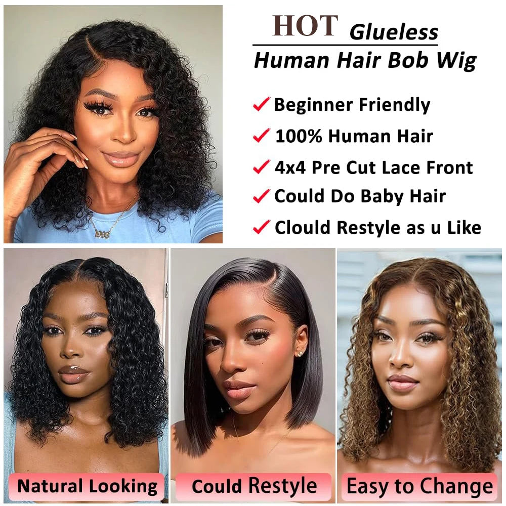 Vrbest Deep Wave Wear And Go Glueless Bob Wig For Women Ready To Go Human Hair Wigs 4x4 Lace Closure Wig 100% Human Hair