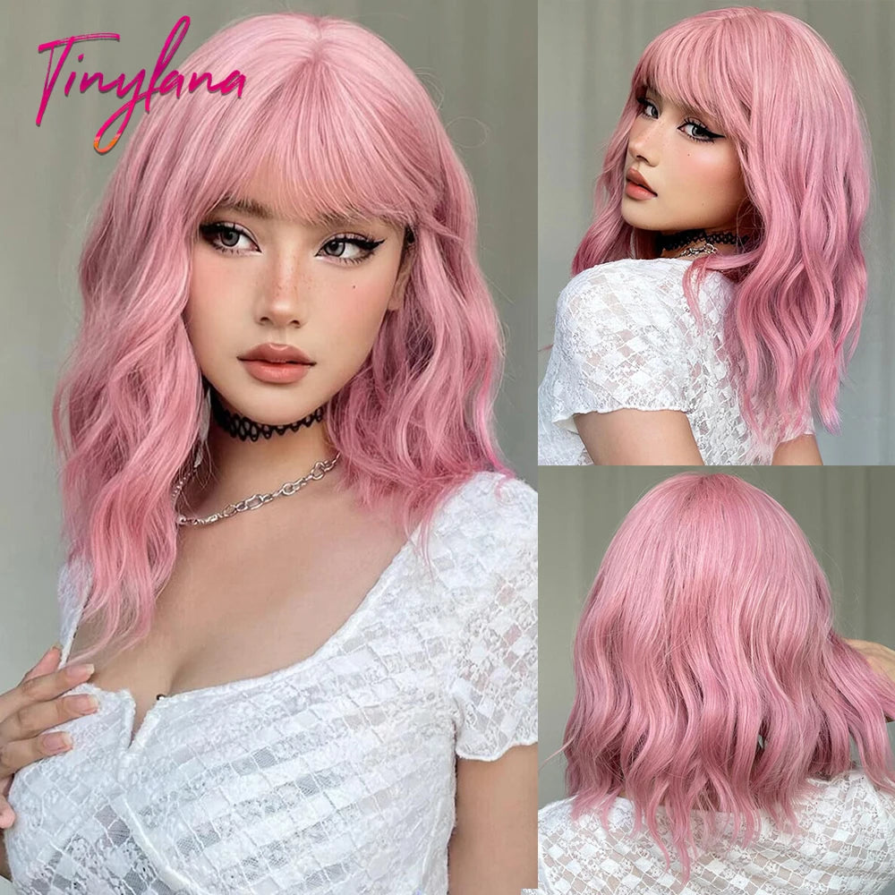 Blue Bob Curly Wavy Synthetic Wigs with Bangs Short Colorful Blue Cosplay Wig for Women DaiIy Lolita Natural Heat Resistant Hair