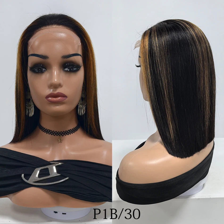 100% Remy Human Hair Bob Straight Glueless Lace Clousre Wigs Pre Plucked 300% Density Ombre Bone Straight 5x5 HD Lace Front Wigs