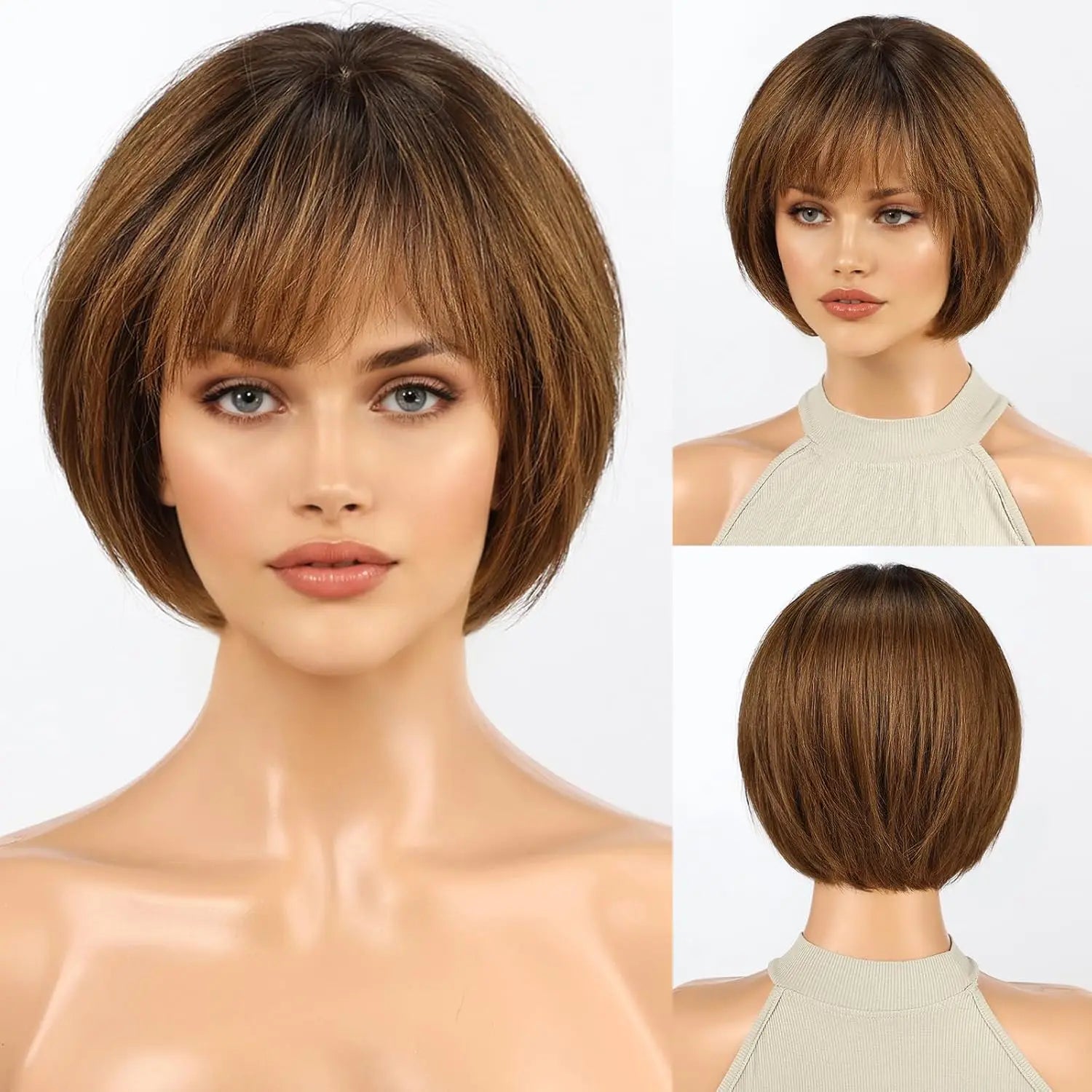 100% Human Hair Short Bob Wig with Bangs Honey Blonde Golden Highlights Glueless Wig for Women Heat Resistant Natural Daily Use