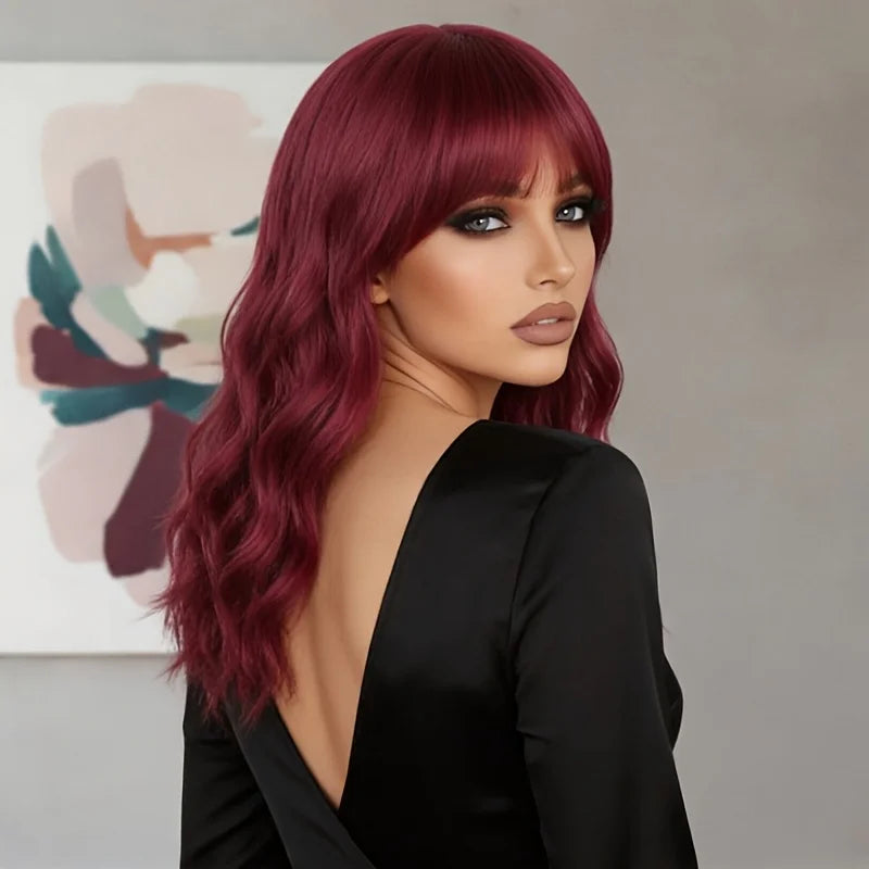 Wine Red Bob Synthetic Wig for Women Short Wave Curly Hair with Bangs 14 Inch Natural Look Party Cosplay Costume Hairpiece