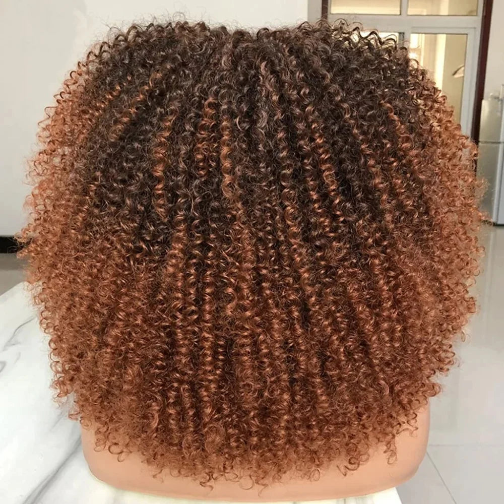 Afro Curly Wigs for Black Women Kinky Curly Wig with Bangs Short Curly Bob 16 Inch Black Brown Natural Looking Synthetic Hair