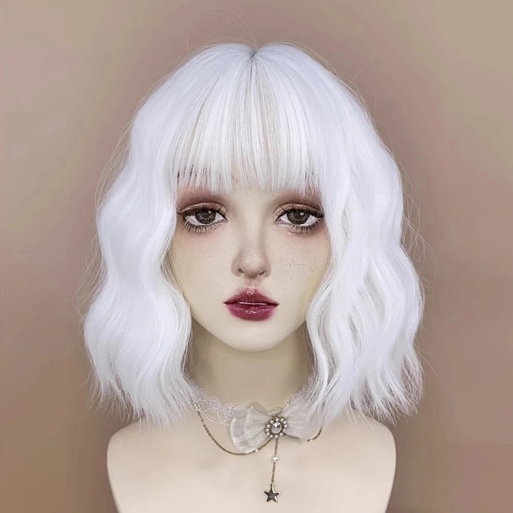 Synthetic Short Curly White Bob Wig with Bangs for Women Daily Cosplay Lolita Party Fake Hair Heat Resistant