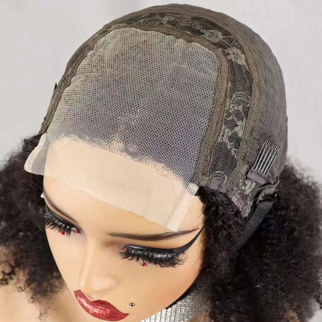 16 Inch Natural Afro Kinky Curly Human Hair Wig Bob Wigs 300% Density Short 4x4 Lace Closure Curly Wigs with Baby Hair for Women