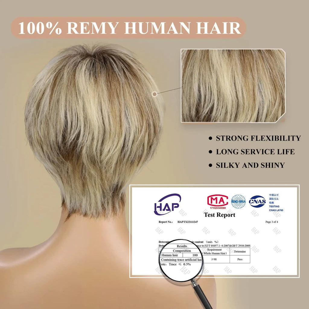 Blonde Highlight Lace Front Human Hair Wigs for Black Women Short Pixie Cut Wig WIth Bangs Natural Straight 100% Remy Human Hair