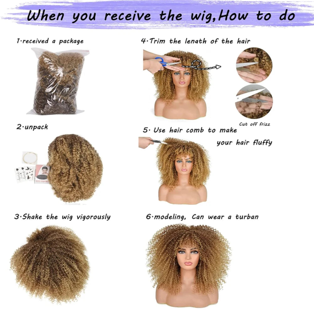 Curly Wigs for Black Women Afro Curly Wig with Bangs Synthetic Fiber Machine Made Glueless Kinky Curly Hair Blonde