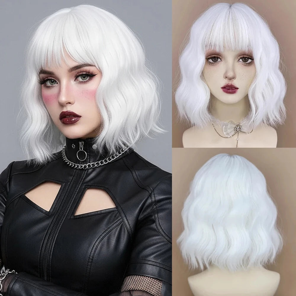 Synthetic Short Curly White Bob Wig with Bangs for Women Daily Cosplay Lolita Party Fake Hair Heat Resistant