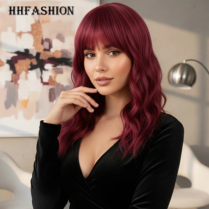 Wine Red Bob Synthetic Wig for Women Short Wave Curly Hair with Bangs 14 Inch Natural Look Party Cosplay Costume Hairpiece