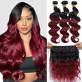 Human Hair 1B/Burgundy Brazilian Body Wave Weave Bundles 100%  Human Hair Bundles With  4x4 Lace Closure Remy Hair Extension