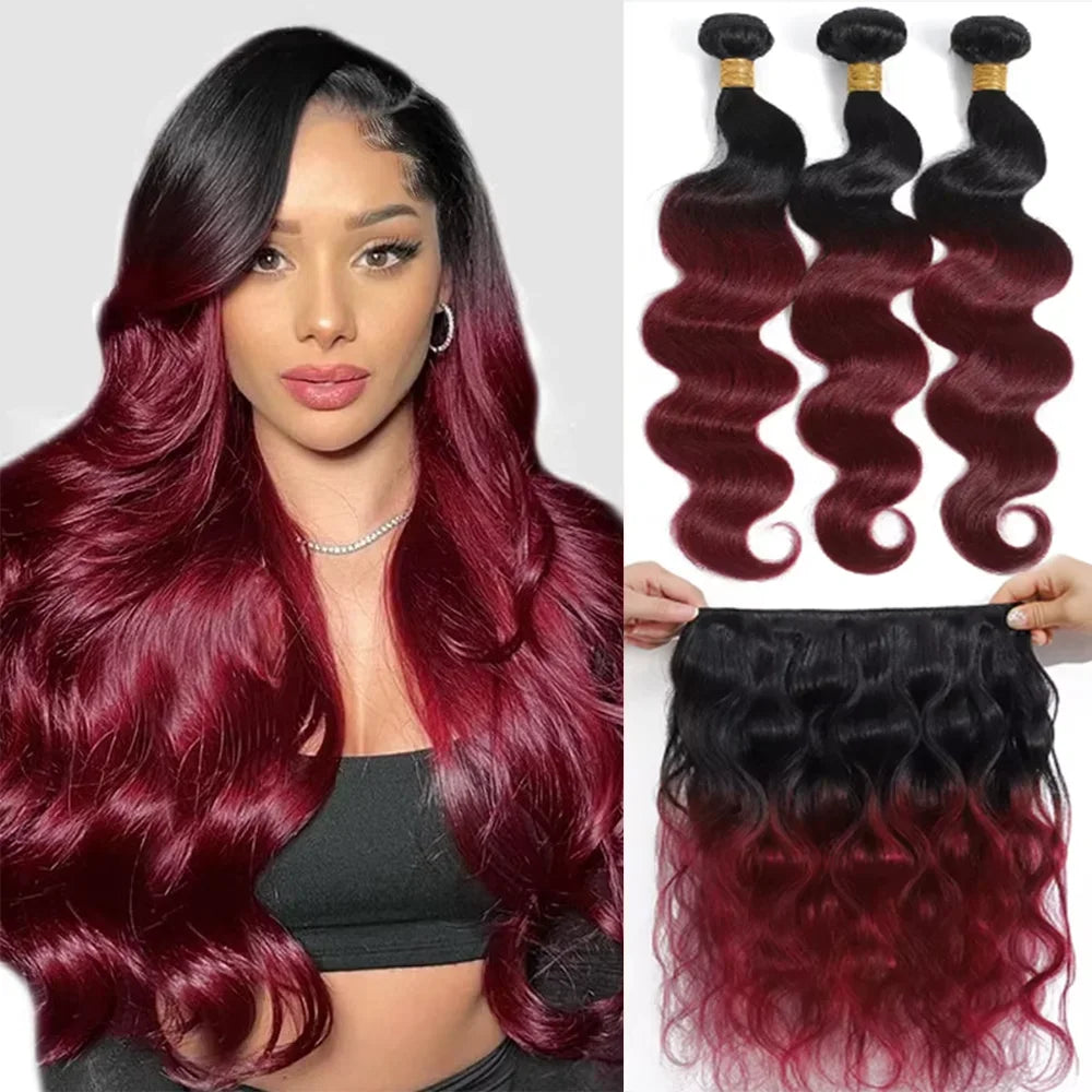 Human Hair 1B/Burgundy Brazilian Body Wave Weave Bundles 100%  Human Hair Bundles With  4x4 Lace Closure Remy Hair Extension
