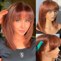 Brazilian Straight Bob Lace Front Wig With Bangs Remy Human Hair Black Color Wigs For Women Brown 33# Hair T Part Lace Wigs