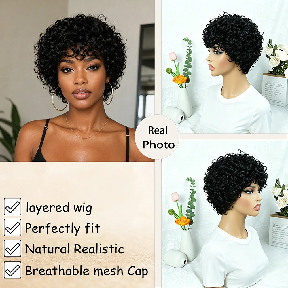 Short Curly Human Hair Wig For Women Brazilian Human Hair 6Inch Curly Pixie Cut Human Hair With Bangs Layered Full Machine Made