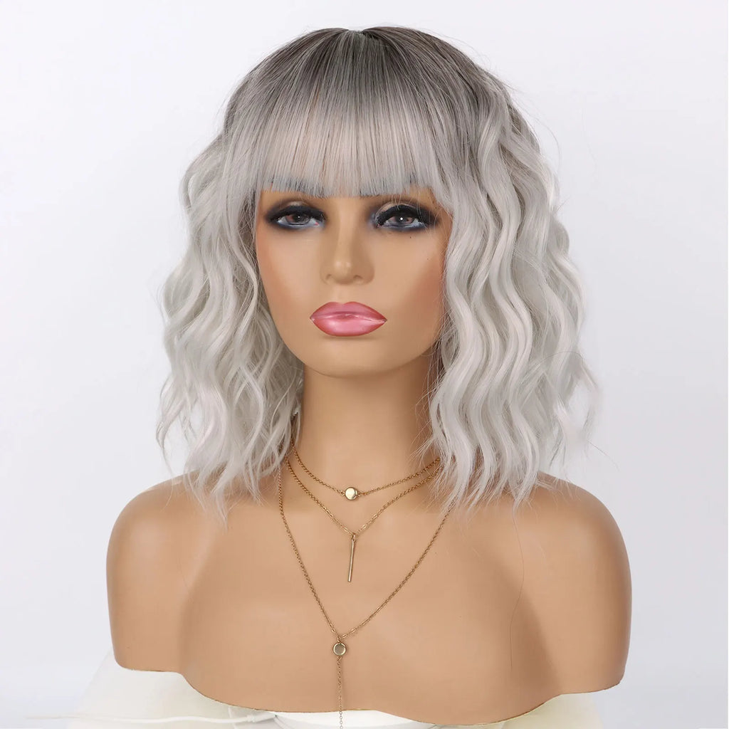 Synthetic Hair Wigs Short Curly Wavy Bob with Bangs Machine Made Daily Cosplay Party Halloween Party for Black Women Girls Use