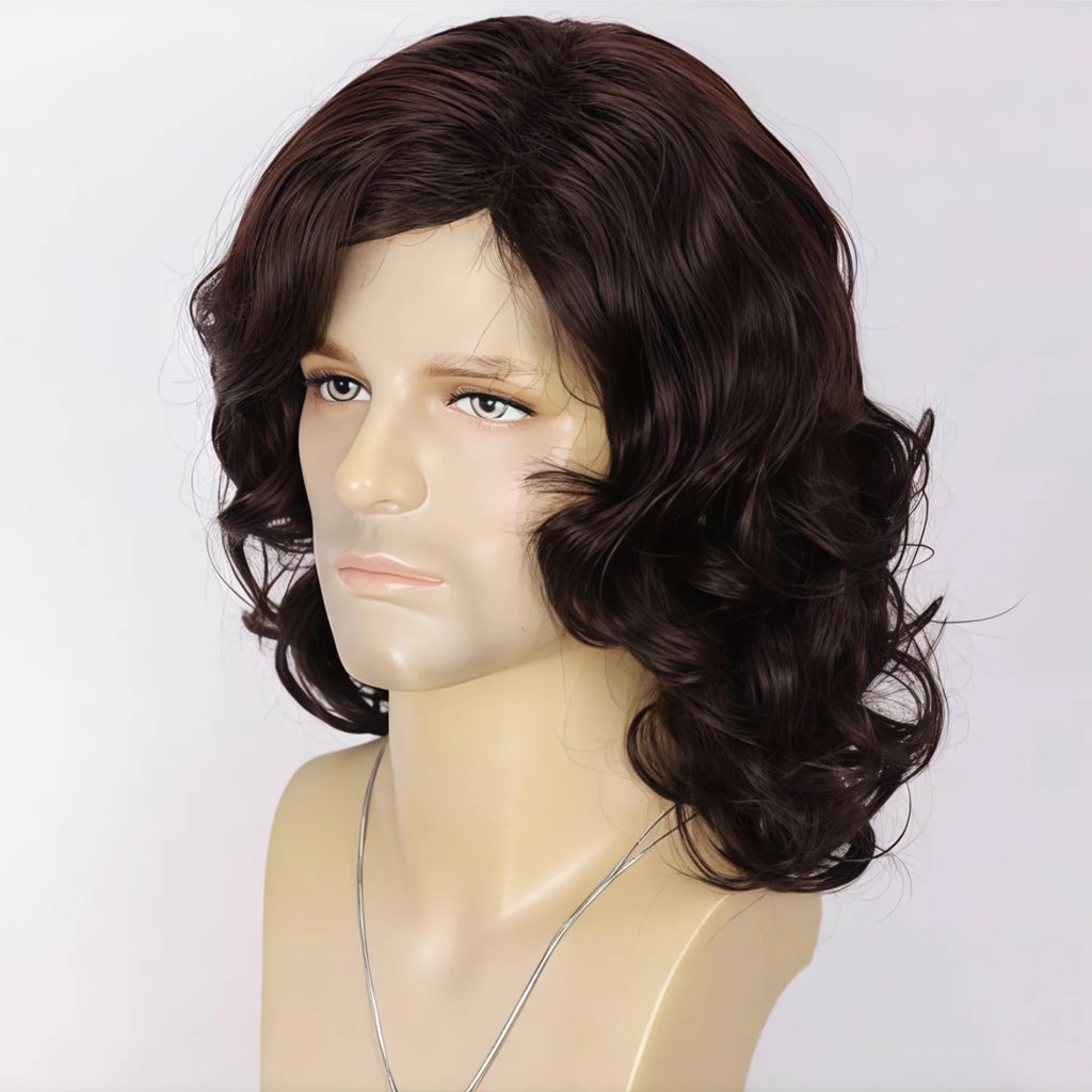 Men's and Women's Medium to Long Wavy Wig with Bangs and Curly Hair, Black Short Curly Synthetic Wig, Natural Wavy Black Brown