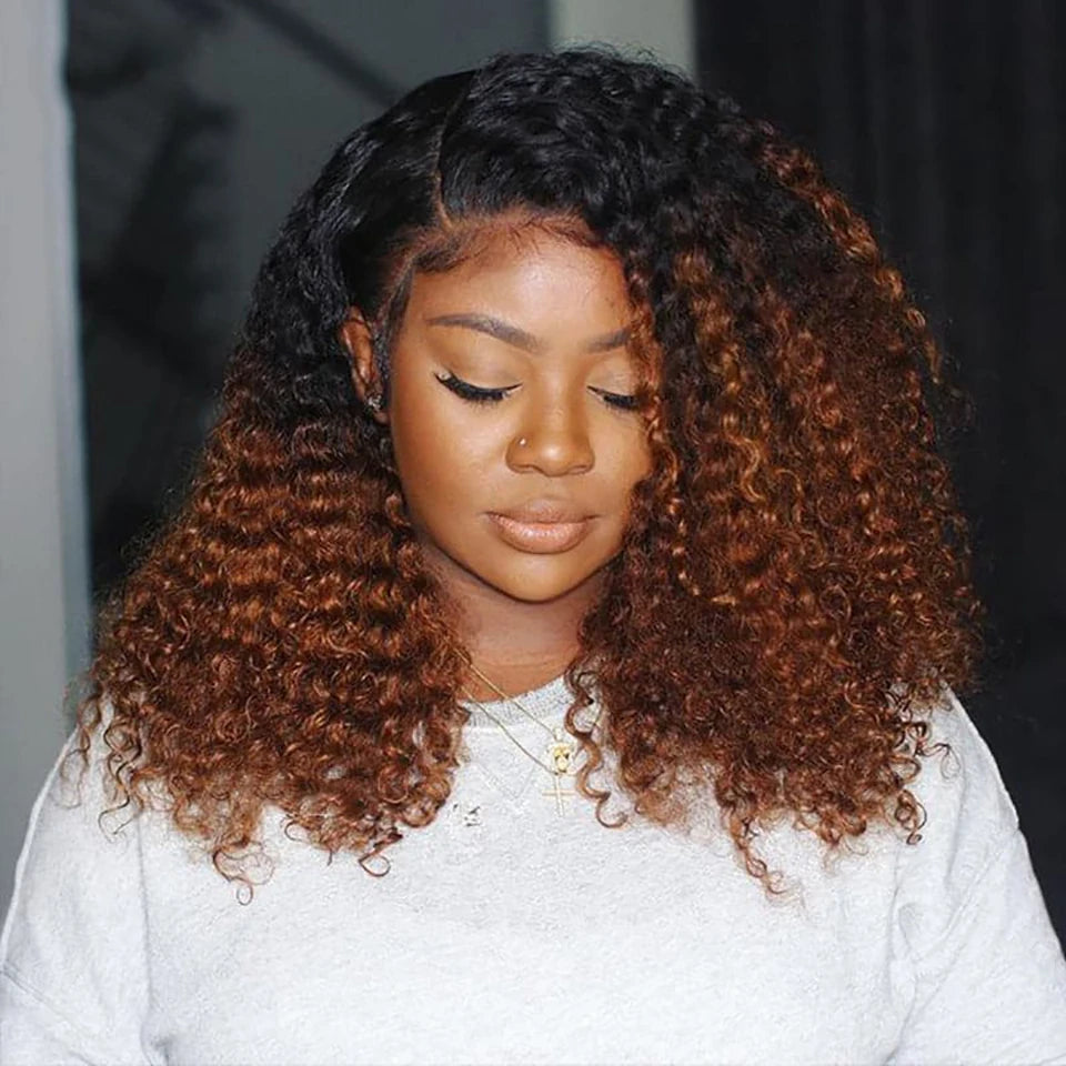 1B 30 Short Bob Kinky Curly Human Hair Wigs 13x4 Transparent Lace Frontal Wig Ombre Brown Colored 250% Density Brazilian Wigs