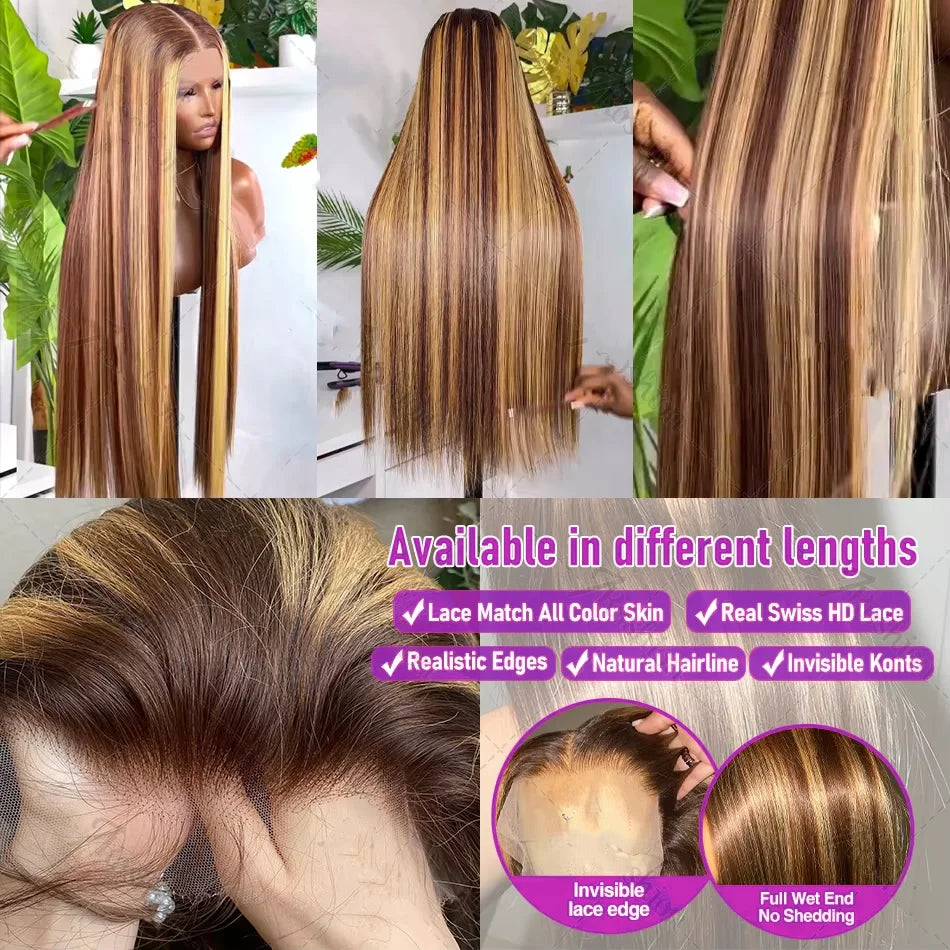 4/27Highlight Straight Lace Front Wig Human Hair 13x6 Lace Frontal Wigs Brazilian Honey Blonde Colored Wigs Remy 100% Human Hair