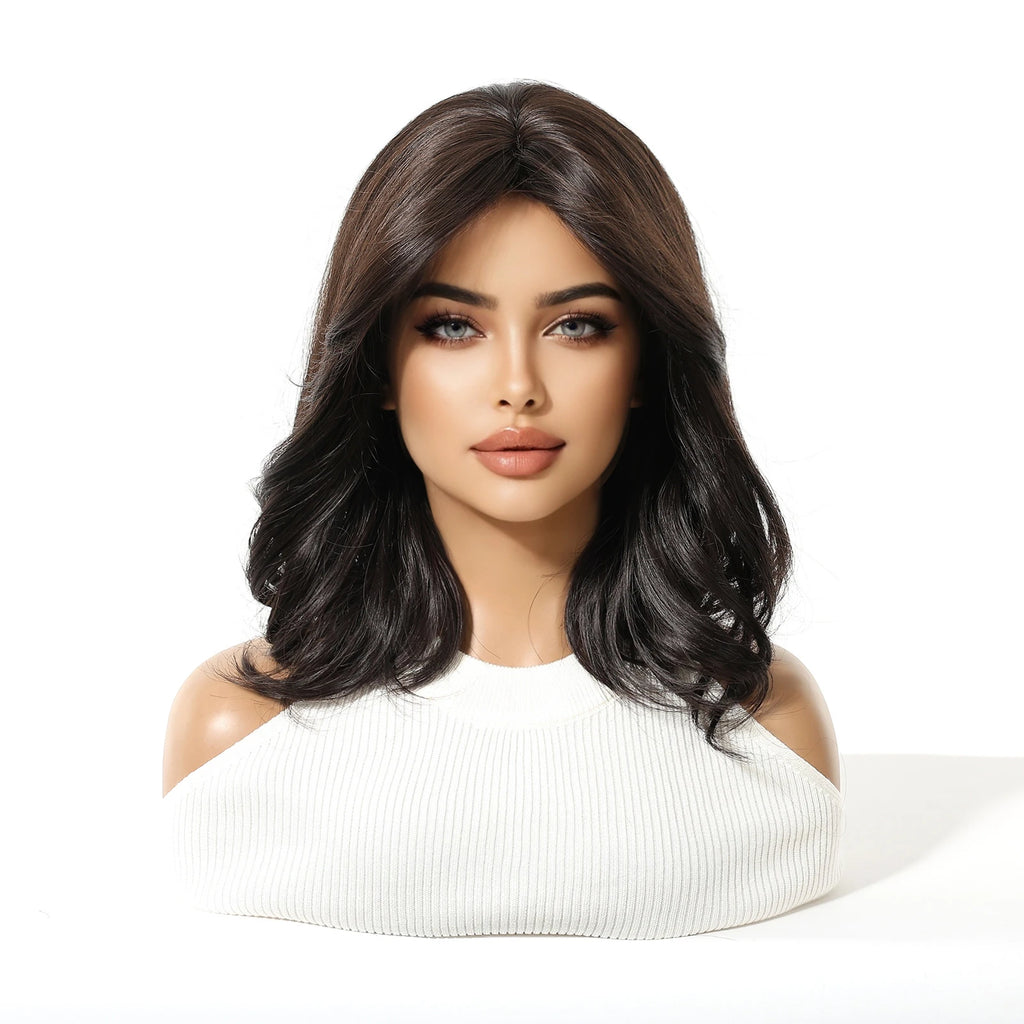 Short Wavy Bob Wigs for Women Dark Brown Black Bob Natural Synthetic Wig Middle Part Daily Party Lolita Use Heat Resistant Fiber