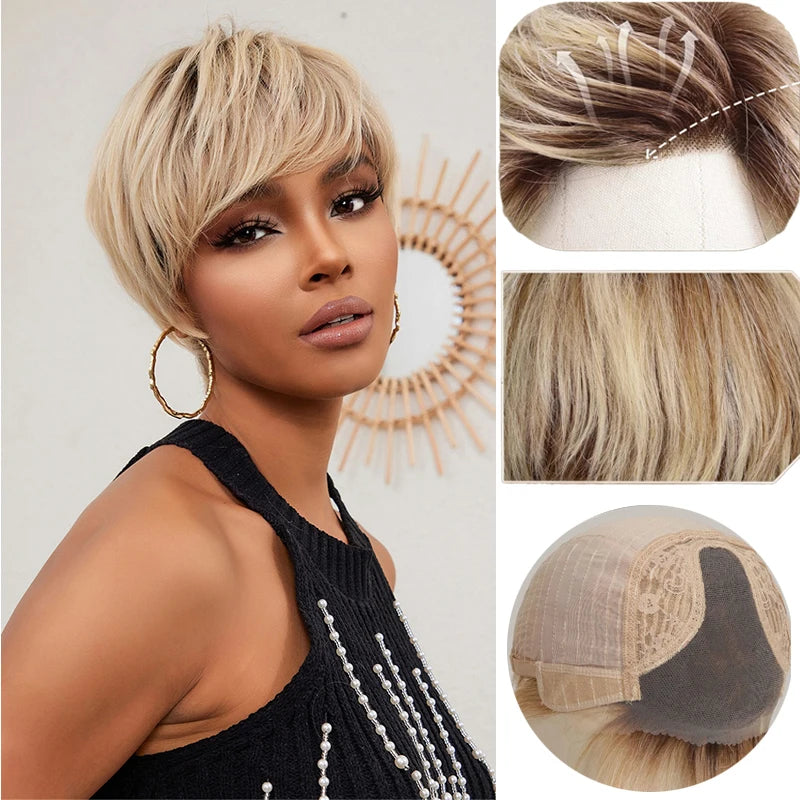HD Lace Front Wig Short Pixie Cut 100% Remy Human Hair Wigs with Bangs Natural Layered Ombre Blonde Brown Lace Wigs for Women