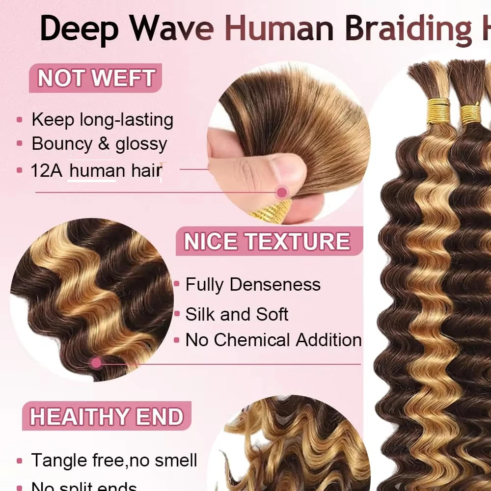 Highlight Boho Braids Human Hair Bulk Braiding Hair Deep Wave Human Hair P4/27 Remy Bulk Hair No Weft Bundle For Braiding