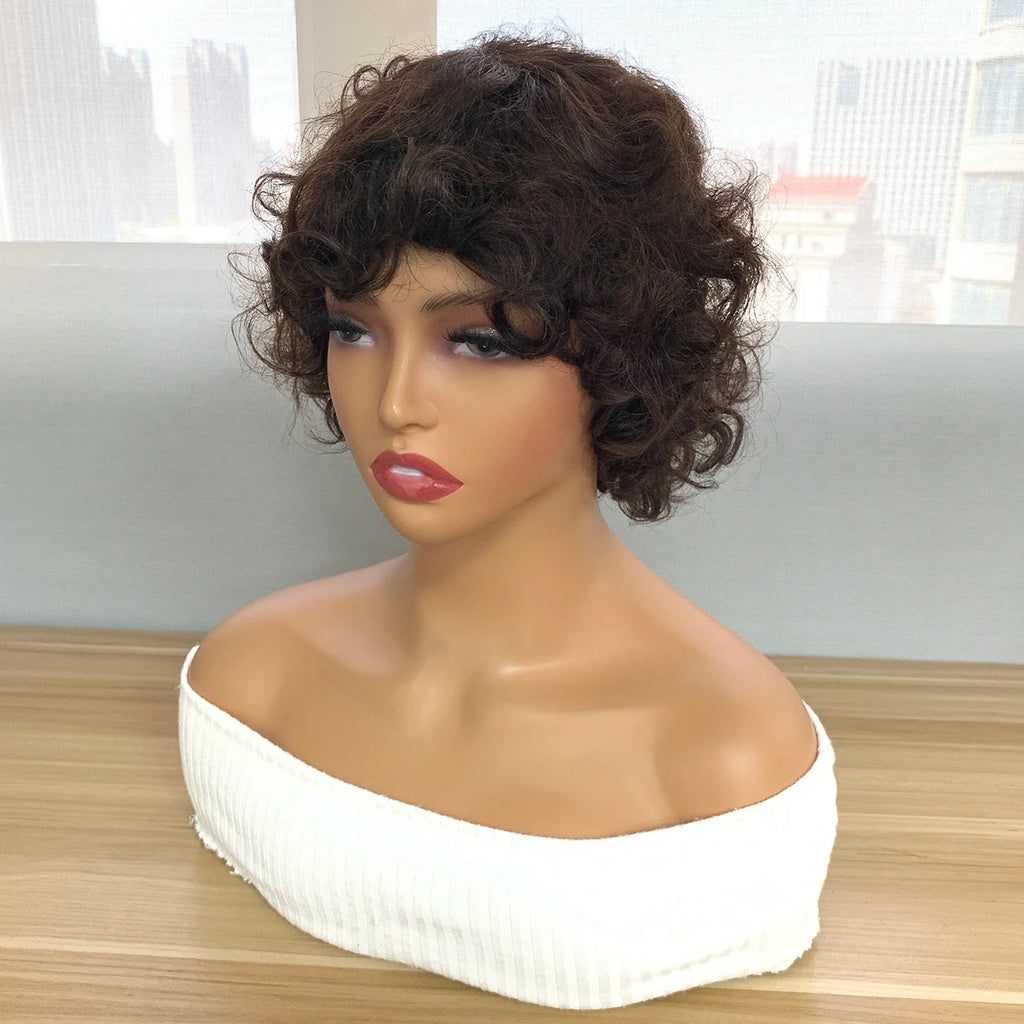 Bouncy Curly Short Pixie Bob Cut Human Hair Wigs With Bang Ombre Color Non Lace Full Machine Made Wig For Women Remy Hair