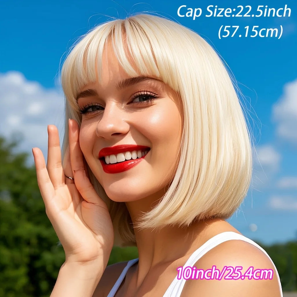 Charming Short Bob Wig, Fully Machine-Made 613 Blonde Hair with Bangs, Women's Short Straight Hair, Real Human Hair Wig, Suitable for Daily Wear, Cosplay, and Christmas Parties