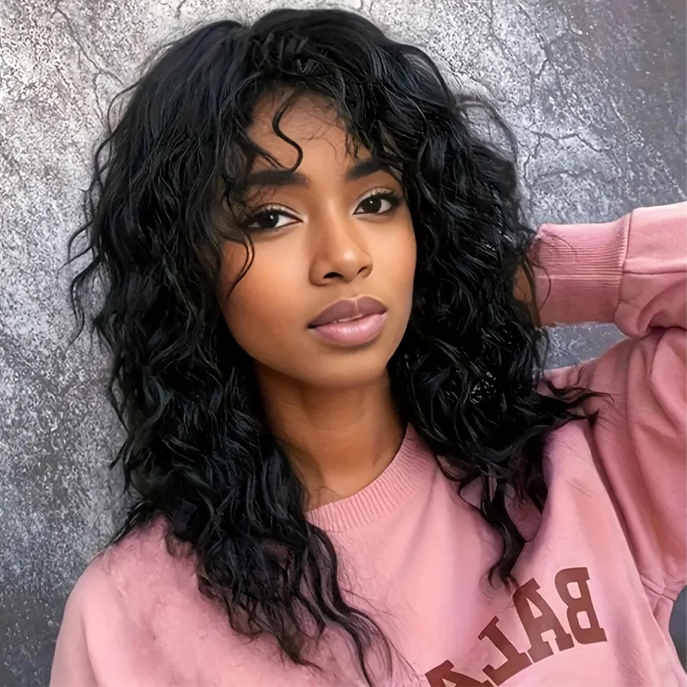 Black Curly Wigs With Bangs For Women Long Curly Wavy Wig Synthetic Layered 80s Rocker Wig Long Soft Curly Wavy Hair