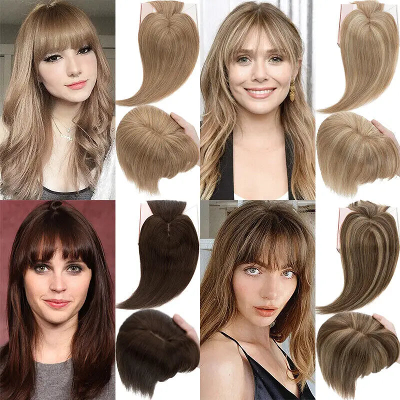 Real Human Hair Wig Hair Toppers for Women Clip In Women Toupee Silk Base Hairpiece with Bangs Blonde Clips In Hair Extensions