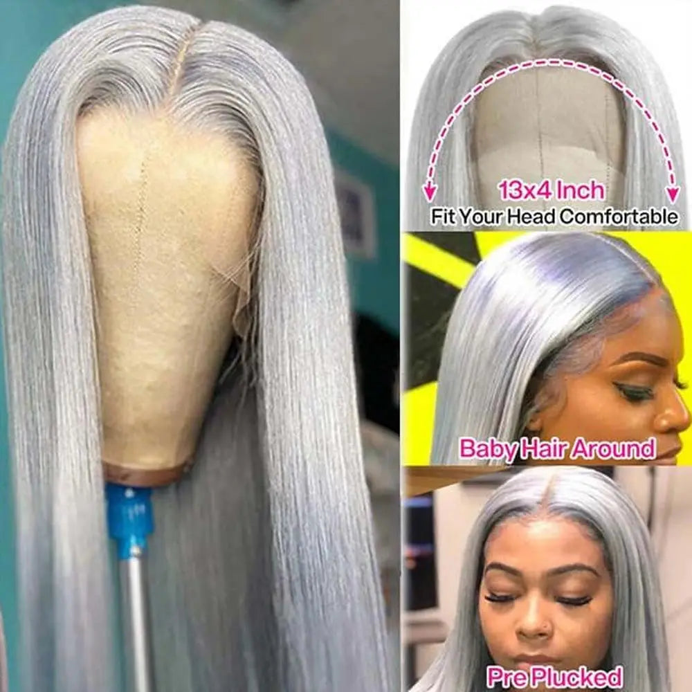 13X4 Straight Hd Lace Frontal Wig Silver Grey Straight  Lace Front Wig Remy Brazilian Bone Straight Human Hair Wigs For Women