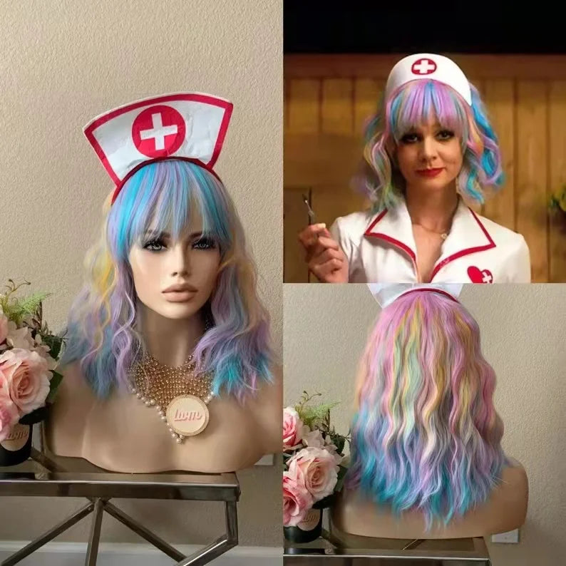 14" Women Short Wavy Curly Wig Rainbow Bob Wig Cosplay Halloween Synthetic Wigs With Neat Bang Wig  Rainbow