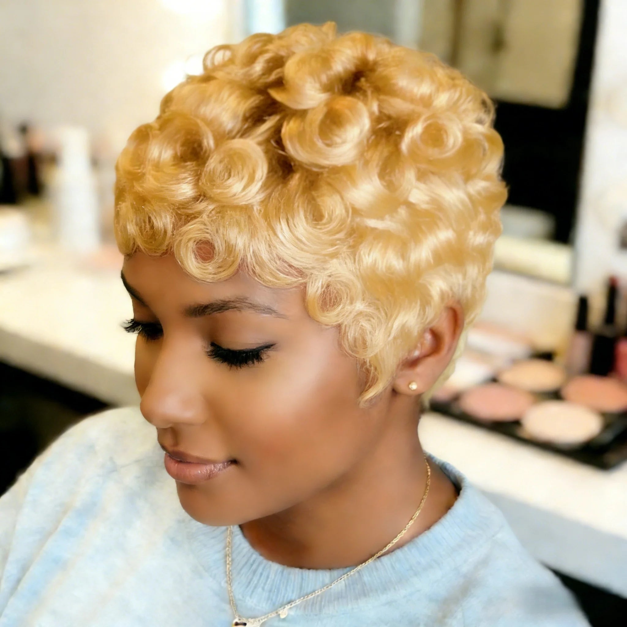 Brazilian Human Hair Wig  Short Pixie Cut with Bang Loose curly Hair for Women Full Machine Wig