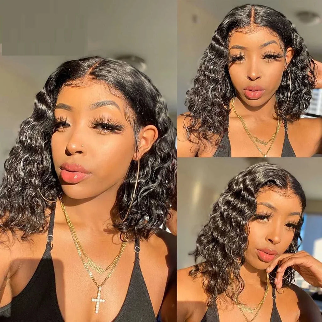 Water Wave Bob Brazilian Wig Frontal Lace Wig 180% Pre-Plucked Natural Wave Wear Curly Lace Frontal Human Hair Wigs For Women
