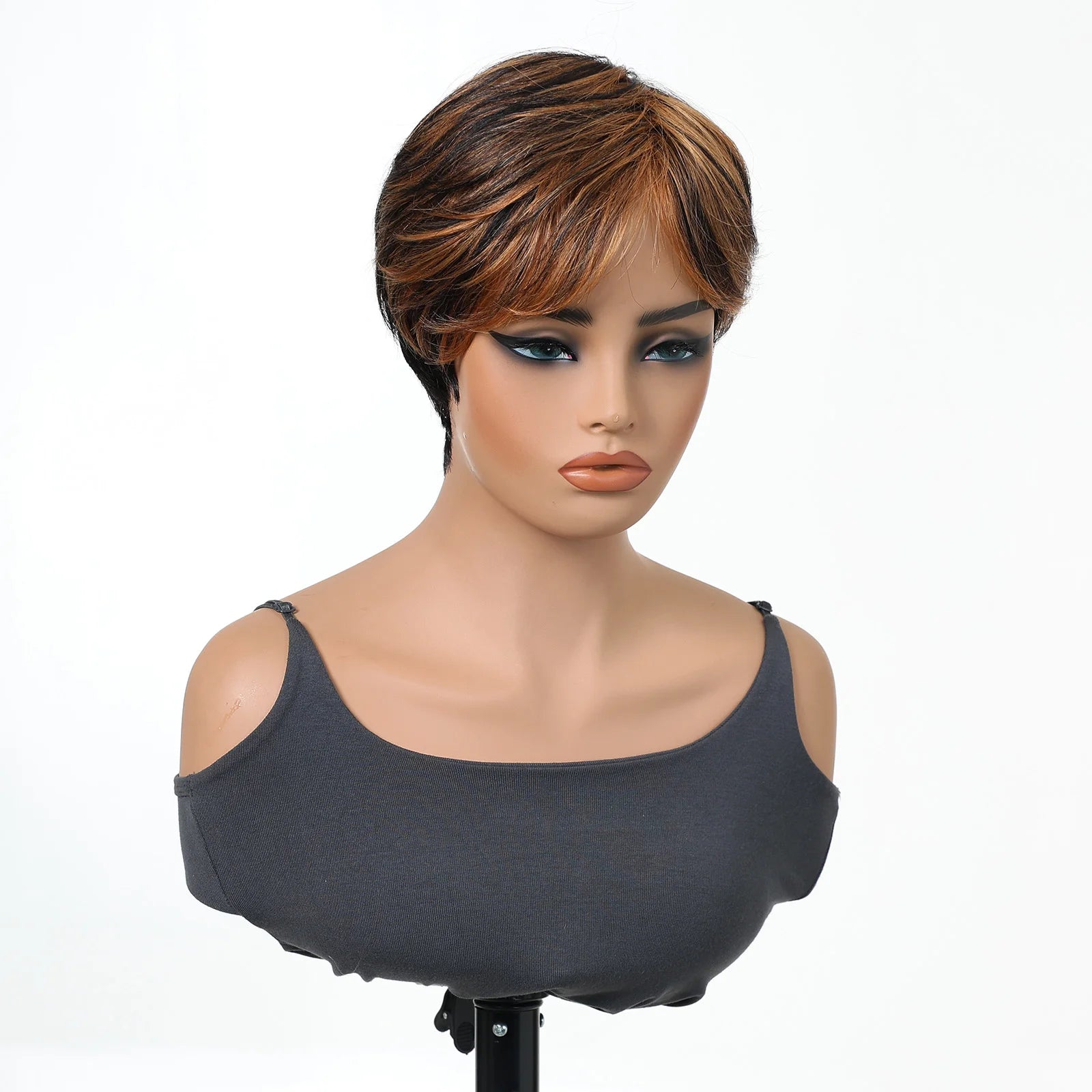 100% Human Hair Wig Short Bob Pixie Cut Highlight Wig Brown Mixed Blonde Straight Hair With Bangs For Black Women Natural