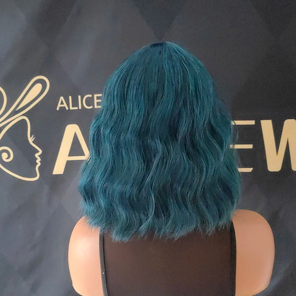 Natural Blue Short Curly Wig for Women - Shoulder Length Wavy Bob with Bangs | Synthetic Heat-Resistant Hair