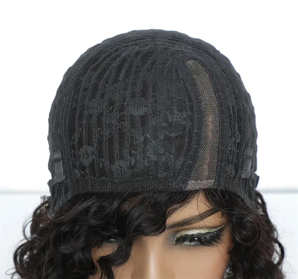 Jerry Curly Human Hair Wig With Bang Short Bob Full Machine Made Wig For Black Women Natural Color 180 Density 5x1 Part Wig